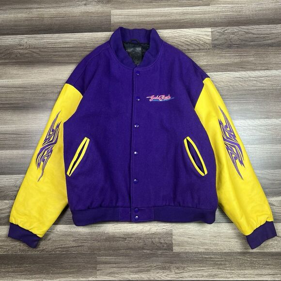 VTG Gold Rush Motorsports Varsity Wool Leather Jacket Purple Gold Sz XL - Picture 2 of 15